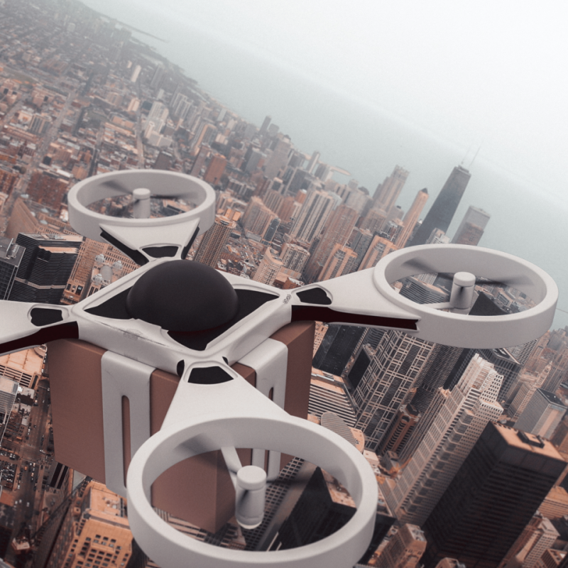 Drone delivering package over urban skyline, symbolizing innovations in industry and technology applications.