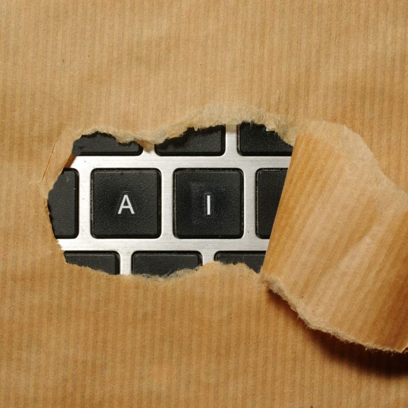 Keyboard with "AI" keys partially revealed through torn paper, symbolizing the emergence of agentic AI technology relevant to Advancio&rsquo;s news on tech trends.