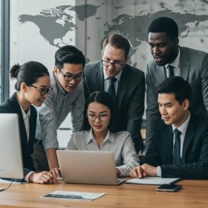 Diverse international contractors collaborating in a modern workspace