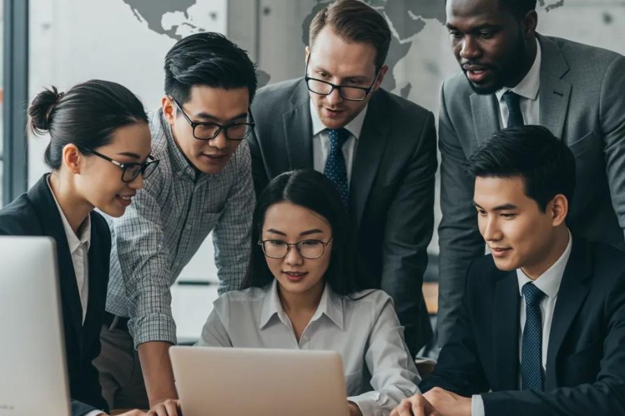 Diverse international contractors collaborating in a modern workspace