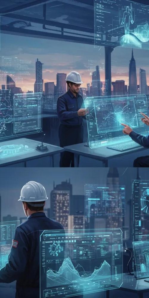 Futuristic engineering workspace showcasing digital tools and collaboration