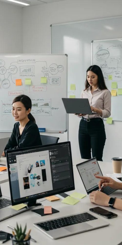 Team collaborating on insurtech software solutions in a modern office setting