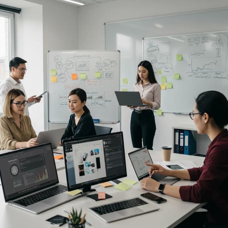 Team collaborating on insurtech software solutions in a modern office setting