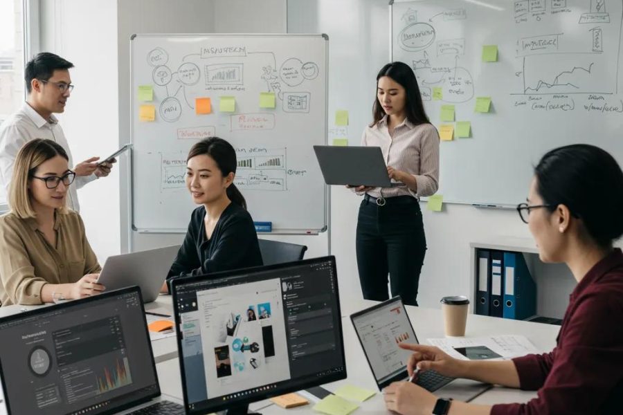 Team collaborating on insurtech software solutions in a modern office setting