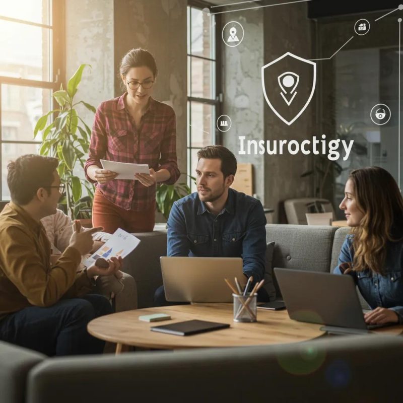 Diverse group discussing InsurTech in a modern office, highlighting trust and collaboration