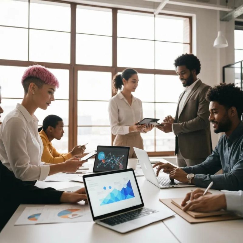 Insurance professionals collaborating with AI tools in a modern office, analyzing data on laptops and discussing strategies.