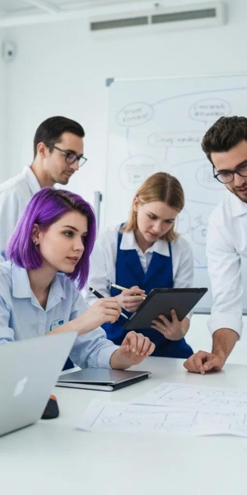 IT professionals collaborating on Microsoft technologies in a modern office setting