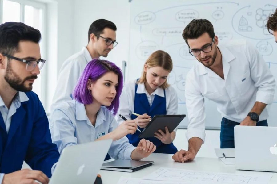 IT professionals collaborating on Microsoft technologies in a modern office setting