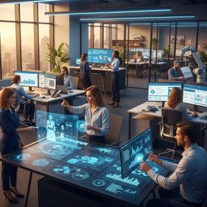 Modern insurance professionals collaborating with AI technology in a bright office setting