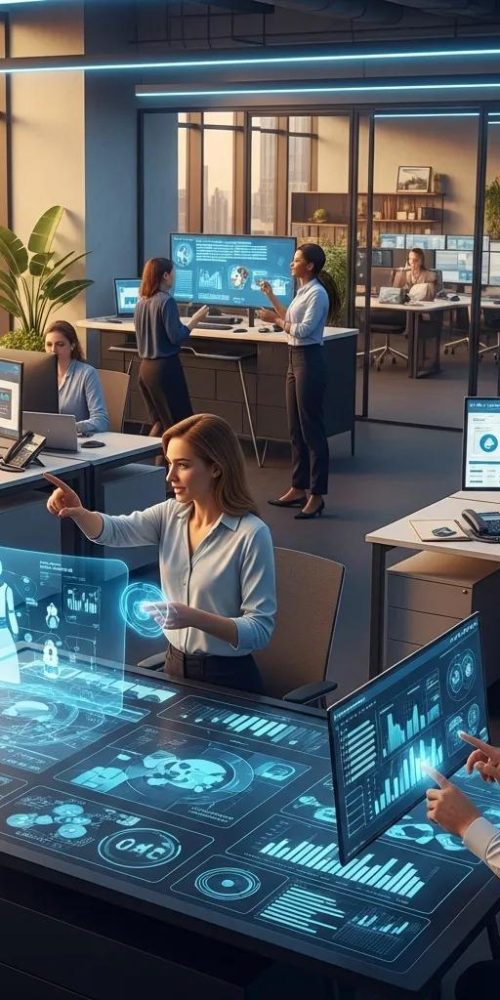 Modern insurance professionals collaborating with AI technology in a bright office setting