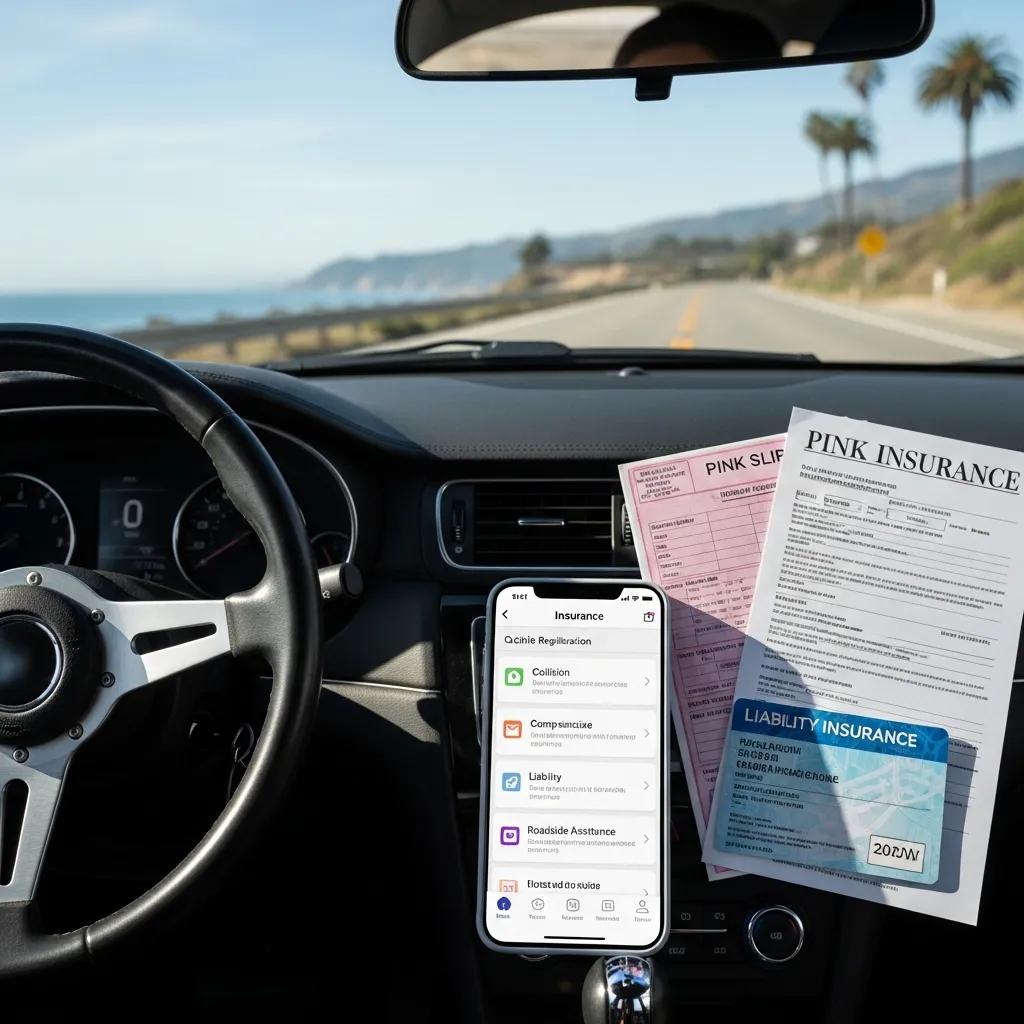 Close-up of car dashboard with insurance documents and smartphone app highlighting vehicle insurance