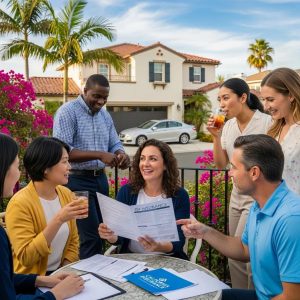 Diverse group discussing insurance options in California with a car and house in the background