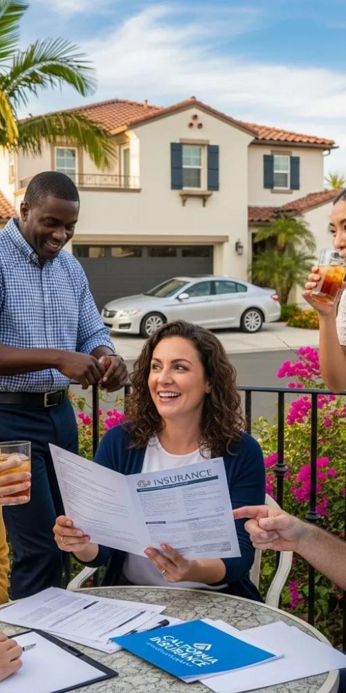 Diverse group discussing insurance options in California with a car and house in the background