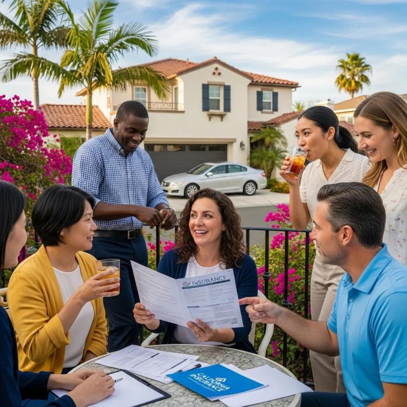 Diverse group discussing insurance options in California with a car and house in the background