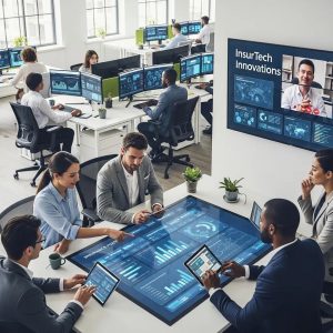 Diverse professionals collaborating in a modern office, representing insurtech solutions and digital insurance platforms