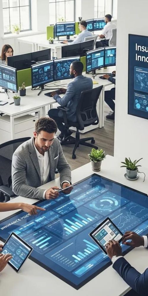 Diverse professionals collaborating in a modern office, representing insurtech solutions and digital insurance platforms