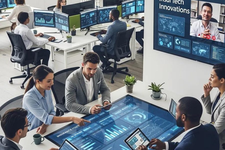 Diverse professionals collaborating in a modern office, representing insurtech solutions and digital insurance platforms