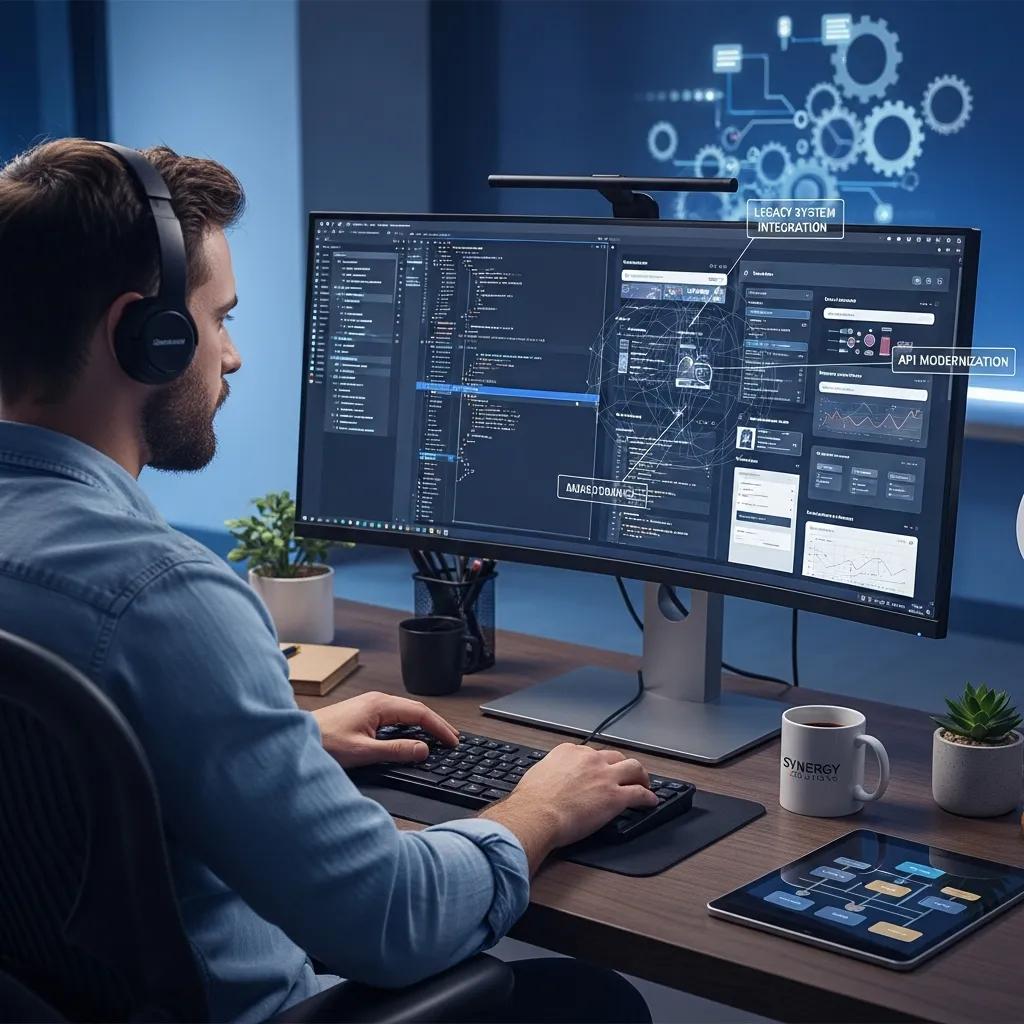 Software developer creating custom solutions for legacy system modernization in insurtech