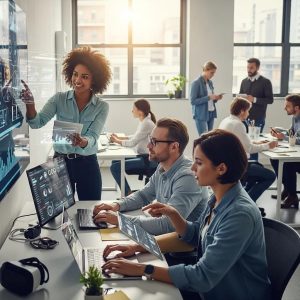 Team collaboration in a modern office focused on insurtech innovation and legacy system modernization