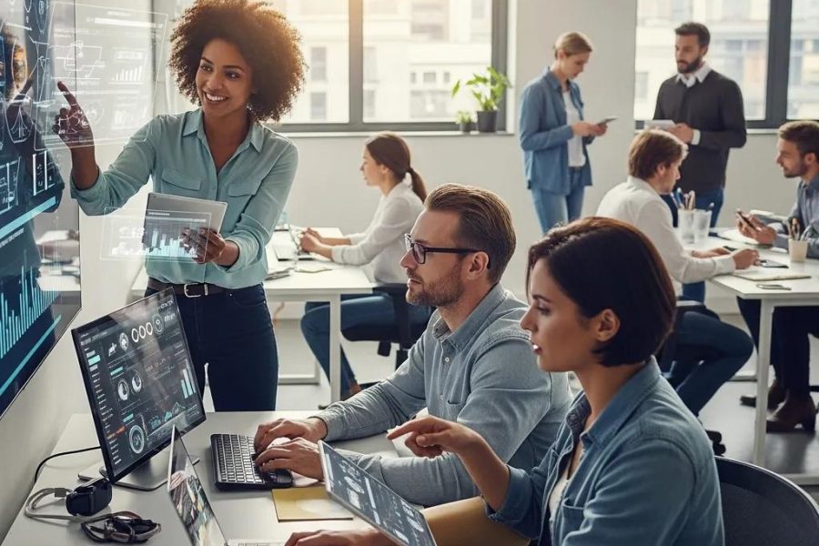 Team collaboration in a modern office focused on insurtech innovation and legacy system modernization